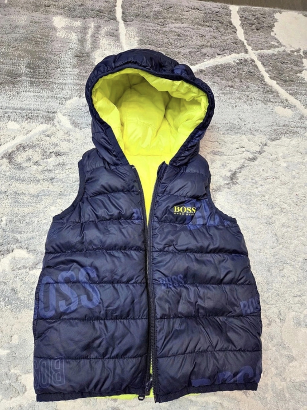 BOSS Hooded Puffer Vest in Blue & Yellow